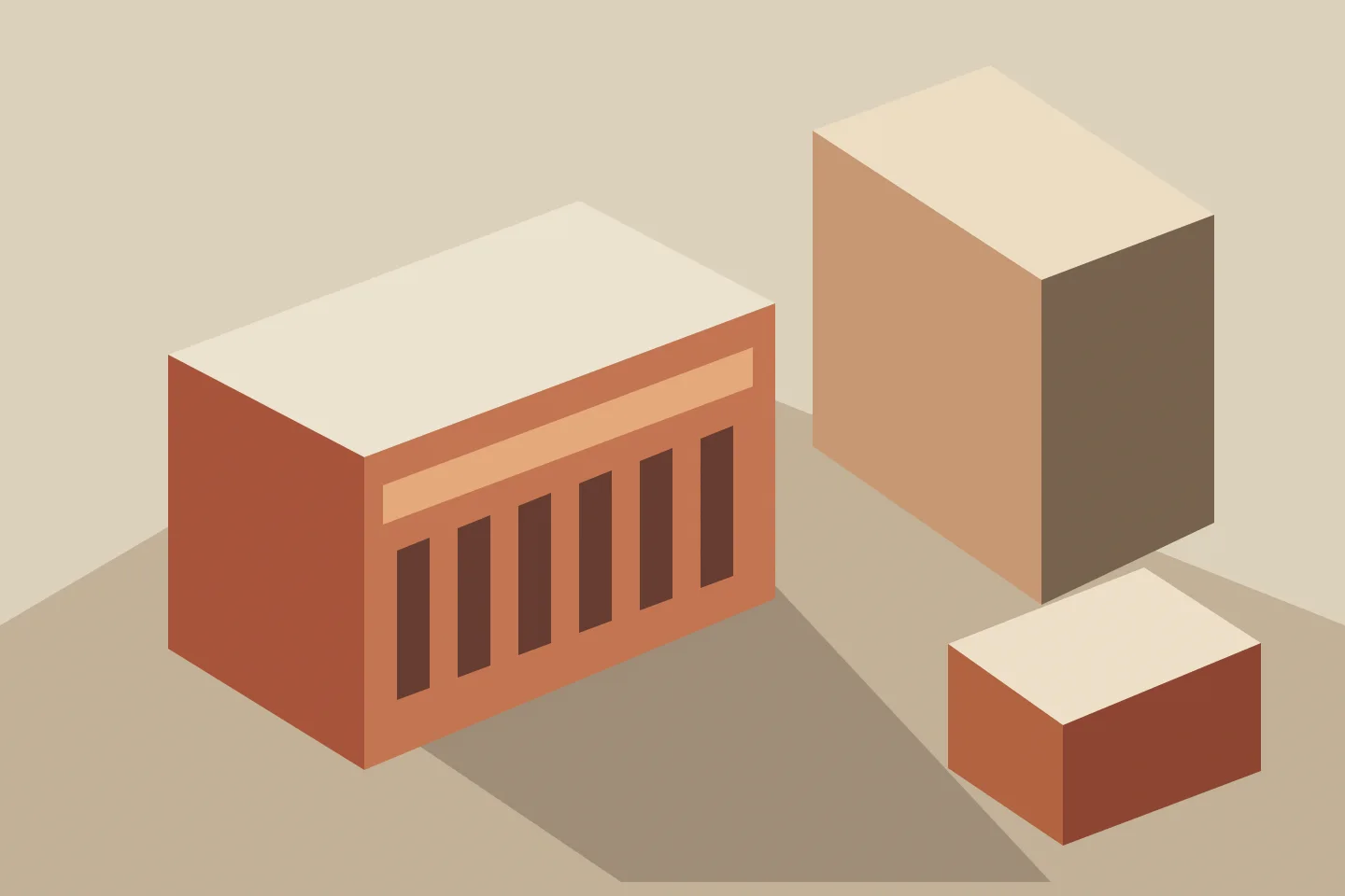 Geometric bank buildings and their long shadows on a warm stone plaza
