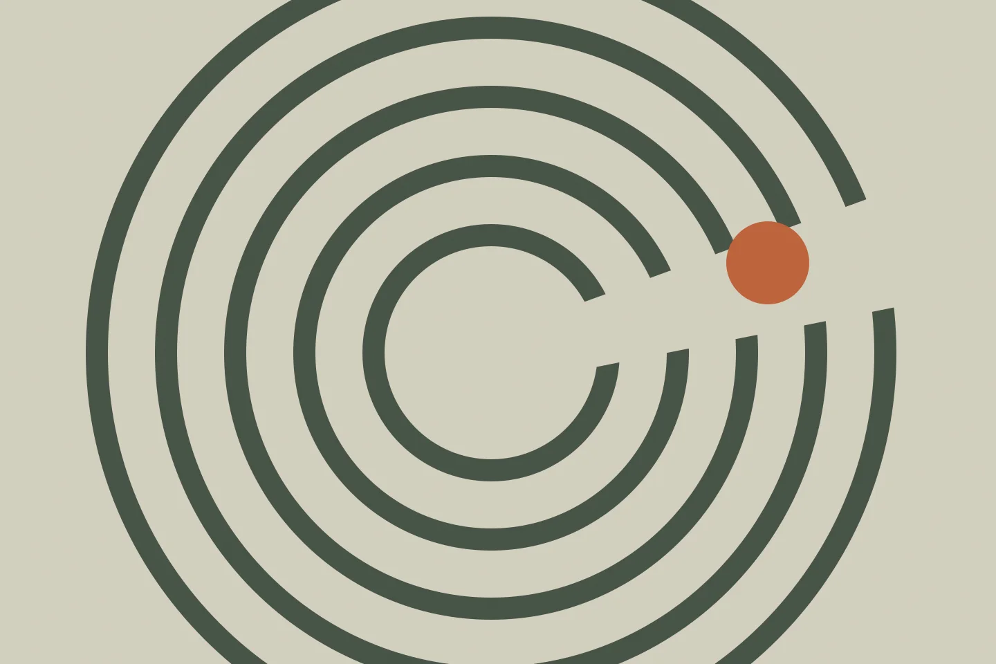 Concentric charcoal arcs with a single orange signal passing through