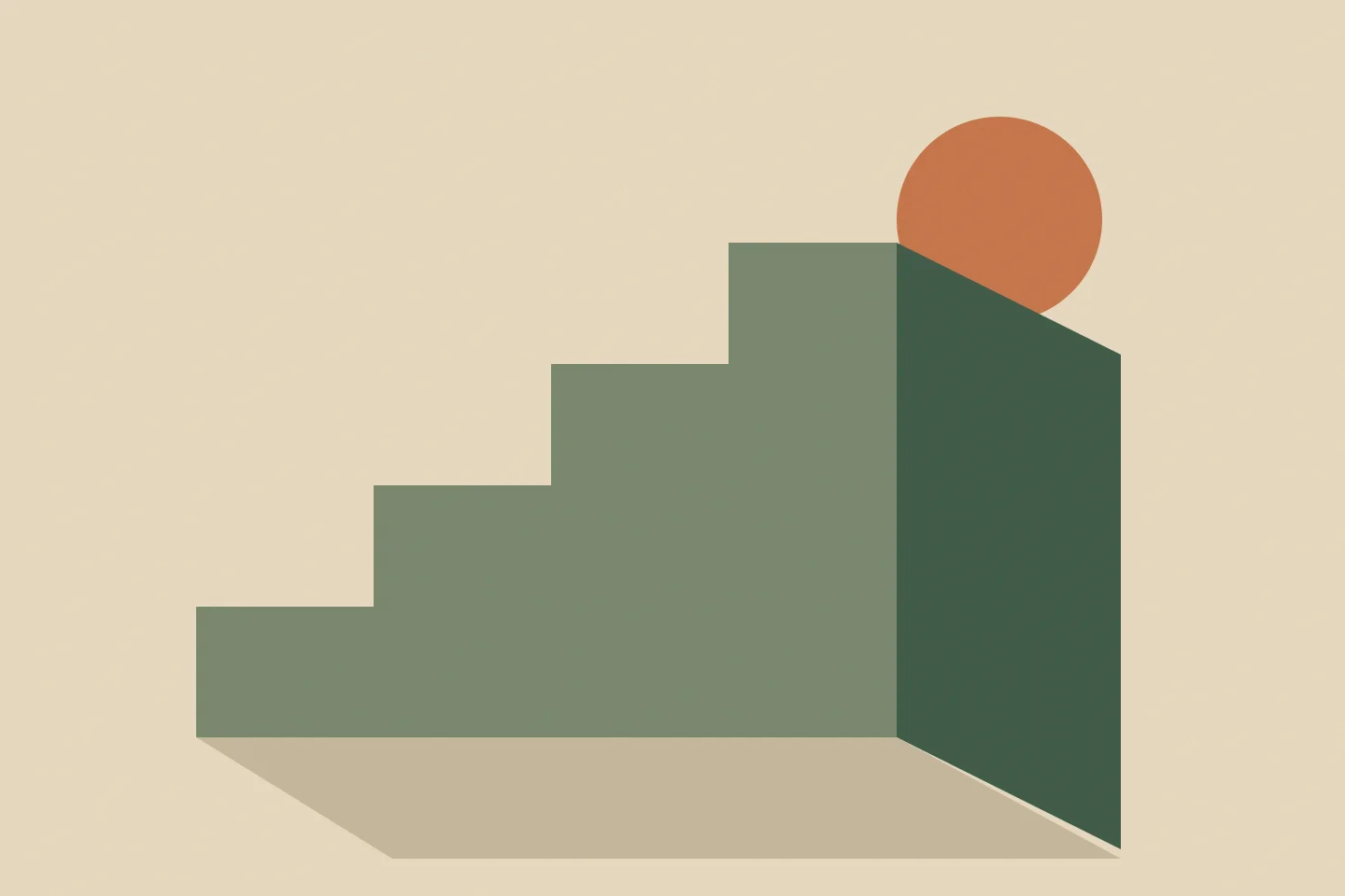 A sequence of sculptural steps rising beneath a small terracotta sun